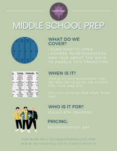 Wonderologie Middle school prep workshop flyer