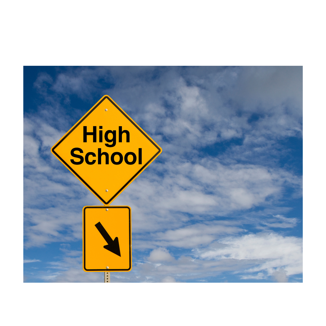 road sign with the words High school on it
